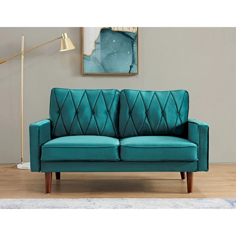 Causeuse capitonnée en velours mi-siècle rose / grise / bleu foncé / bleu-vert / ivoire / aubergine / noire / vert-jaune / cyan grisâtre clair / vert avec traversins, 2 places