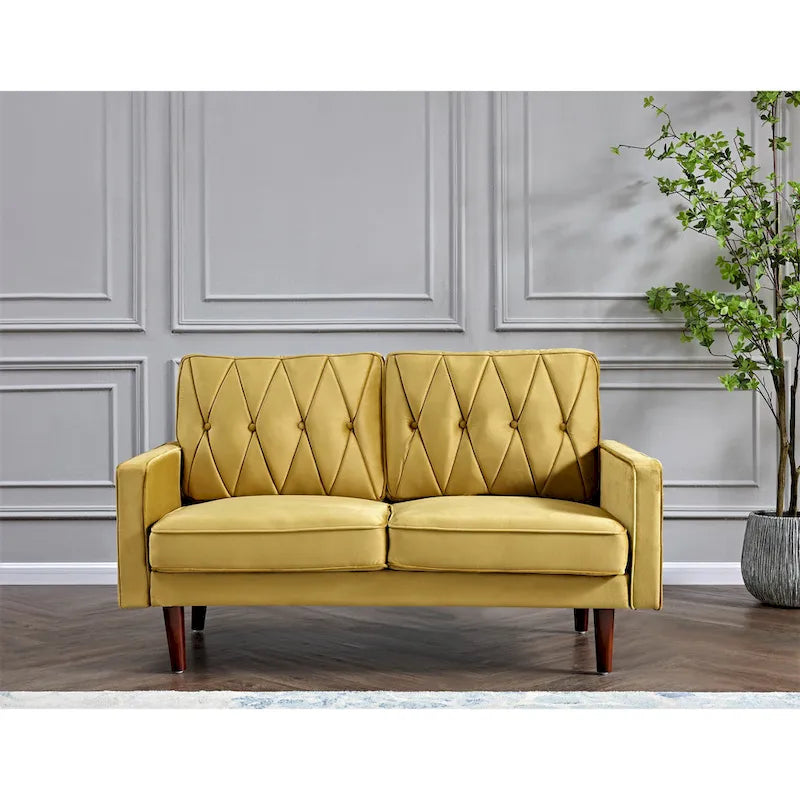Causeuse capitonnée en velours mi-siècle rose / grise / bleu foncé / bleu-vert / ivoire / aubergine / noire / vert-jaune / cyan grisâtre clair / vert avec traversins, 2 places