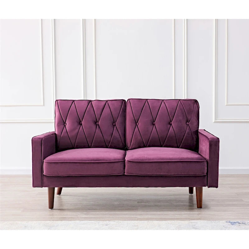 Causeuse capitonnée en velours mi-siècle rose / grise / bleu foncé / bleu-vert / ivoire / aubergine / noire / vert-jaune / cyan grisâtre clair / vert avec traversins, 2 places