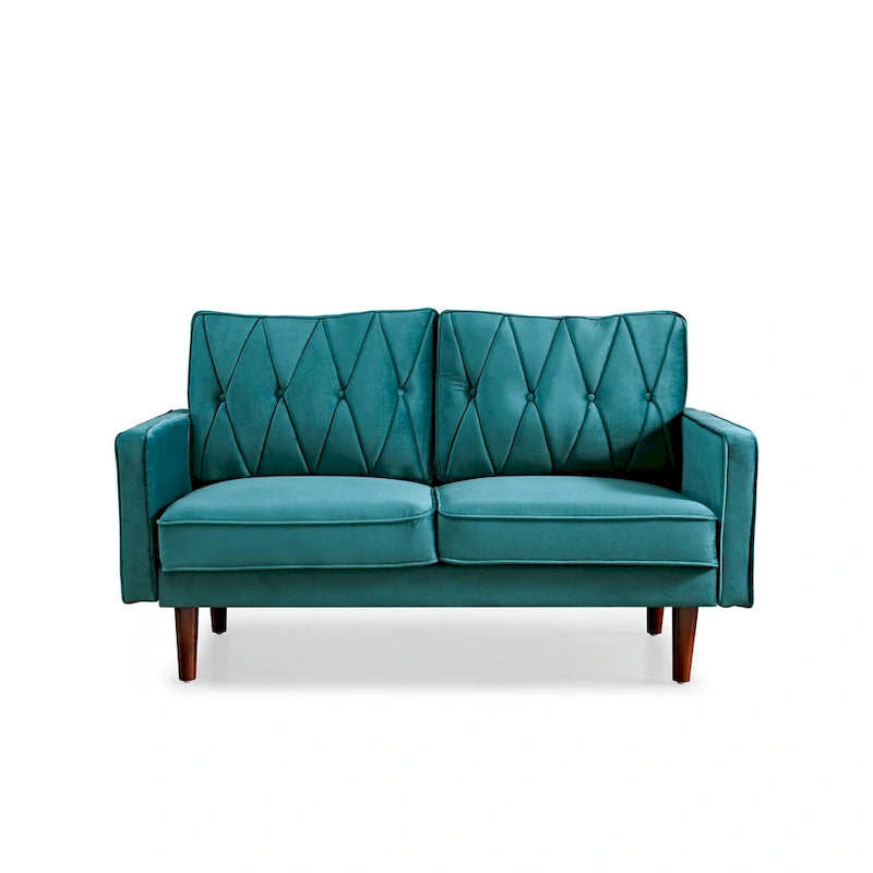 Causeuse capitonnée en velours mi-siècle rose / grise / bleu foncé / bleu-vert / ivoire / aubergine / noire / vert-jaune / cyan grisâtre clair / vert avec traversins, 2 places