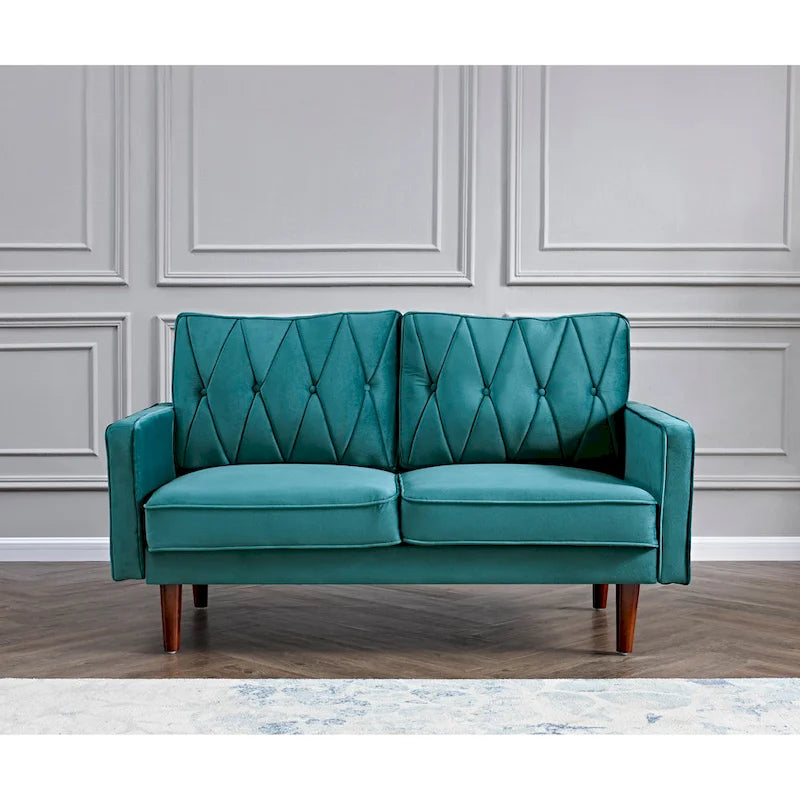 Causeuse capitonnée en velours mi-siècle rose / grise / bleu foncé / bleu-vert / ivoire / aubergine / noire / vert-jaune / cyan grisâtre clair / vert avec traversins, 2 places