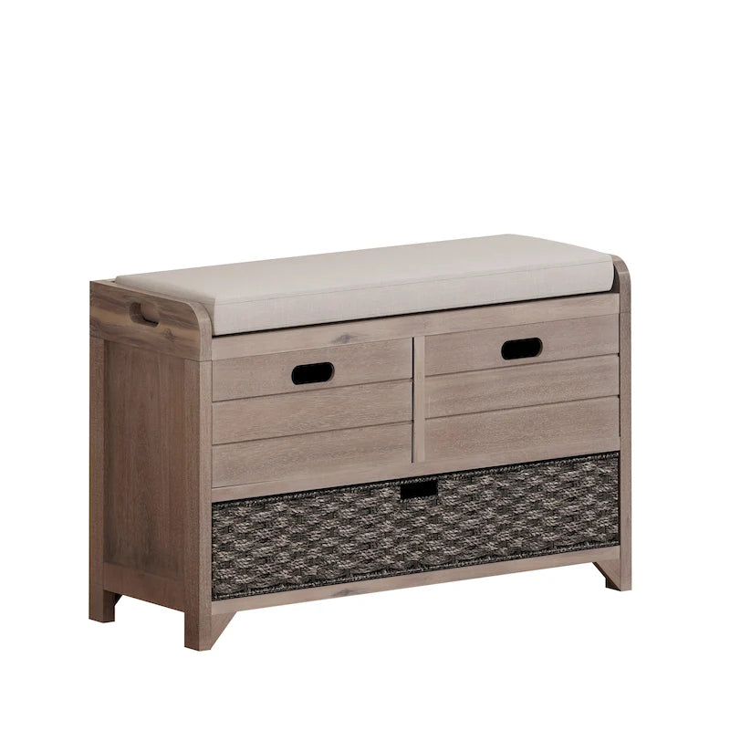 Banc de rangement rustique 1 place avec coussin, 2 tiroirs et panier amovible, coloris expresso / chêne / blanc / bleu