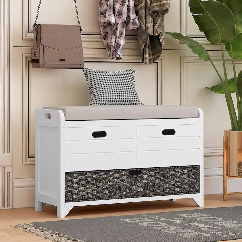 Banc de rangement rustique 1 place avec coussin, 2 tiroirs et panier amovible, coloris expresso / chêne / blanc / bleu
