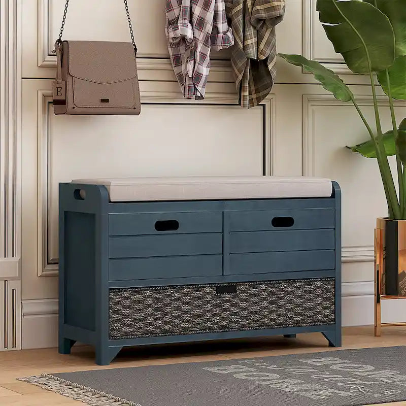 Banc de rangement rustique 1 place avec coussin, 2 tiroirs et panier amovible, coloris expresso / chêne / blanc / bleu