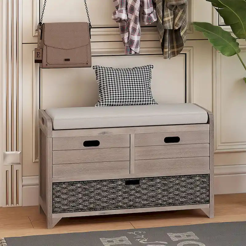 Banc de rangement rustique 1 place avec coussin, 2 tiroirs et panier amovible, coloris expresso / chêne / blanc / bleu