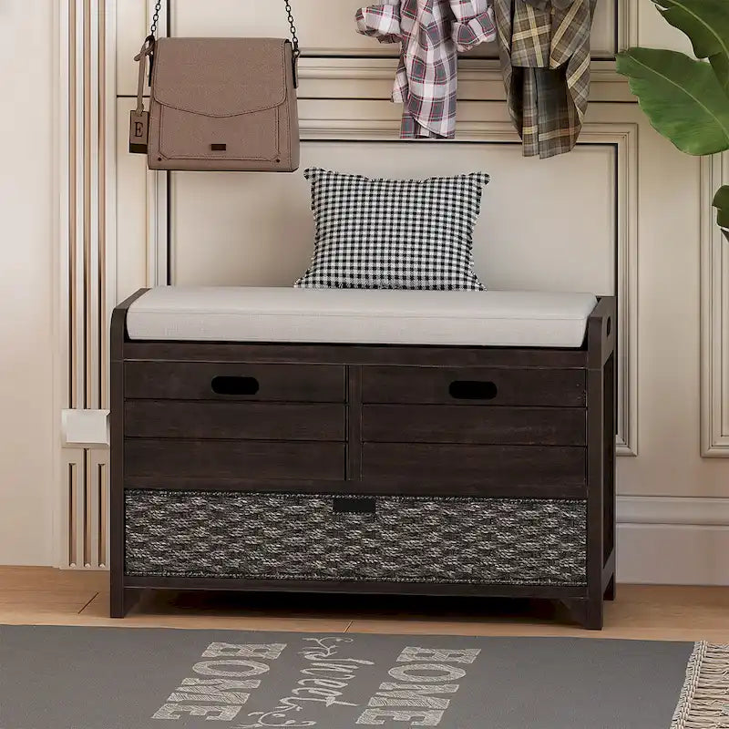 Banc de rangement rustique 1 place avec coussin, 2 tiroirs et panier amovible, coloris expresso / chêne / blanc / bleu