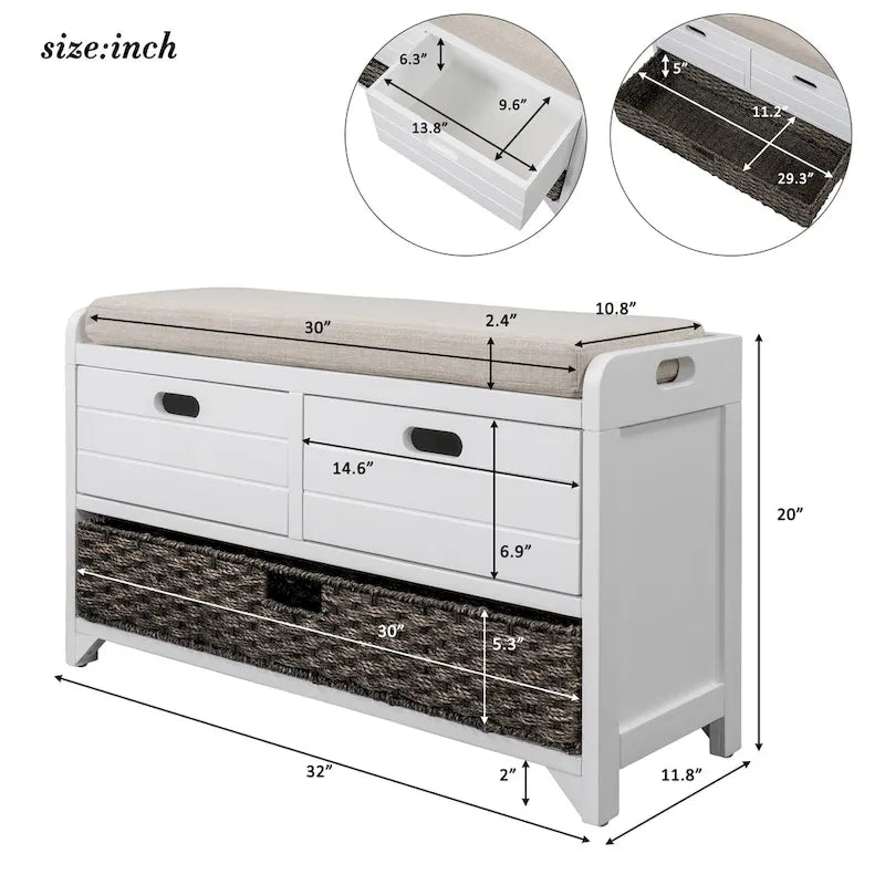 Banc de rangement rustique 1 place avec coussin, 2 tiroirs et panier amovible, coloris expresso / chêne / blanc / bleu
