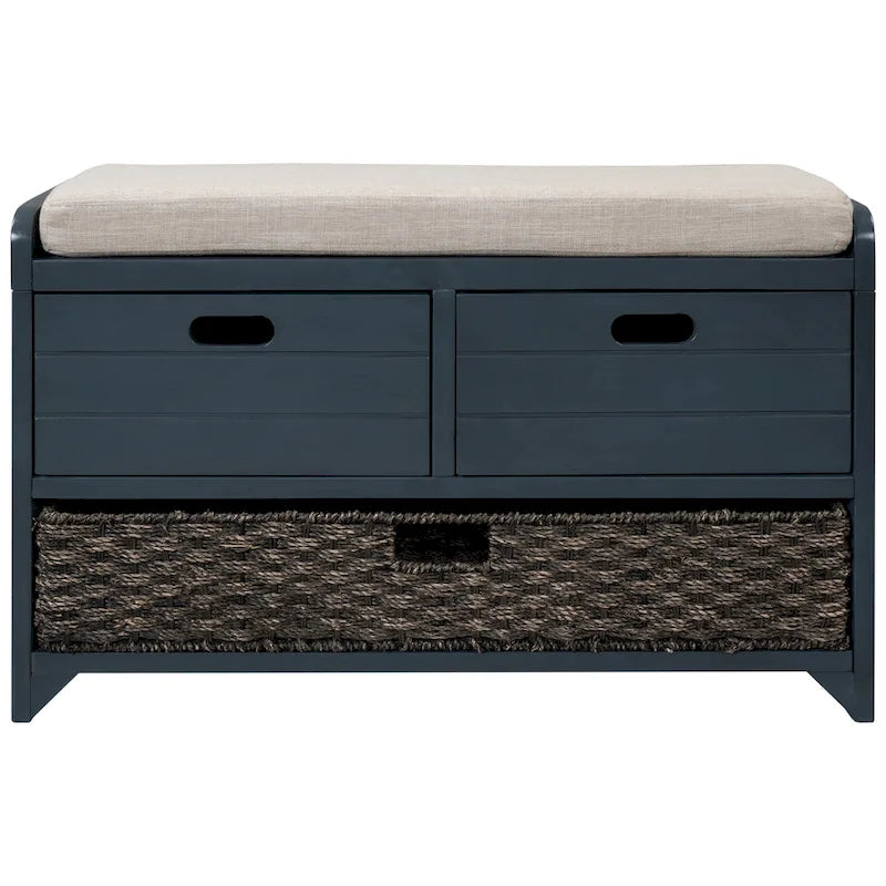 Banc de rangement rustique 1 place avec coussin, 2 tiroirs et panier amovible, coloris expresso / chêne / blanc / bleu