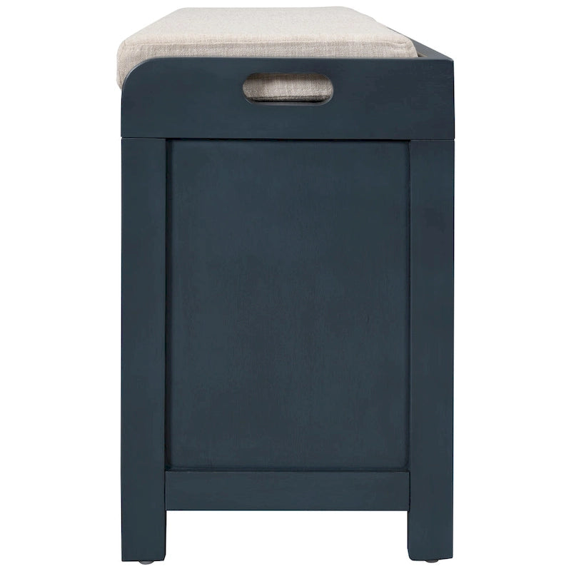 Banc de rangement rustique 1 place avec coussin, 2 tiroirs et panier amovible, coloris expresso / chêne / blanc / bleu