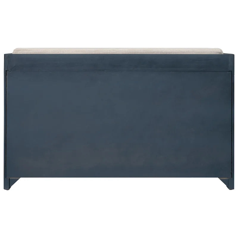 Banc de rangement rustique 1 place avec coussin, 2 tiroirs et panier amovible, coloris expresso / chêne / blanc / bleu