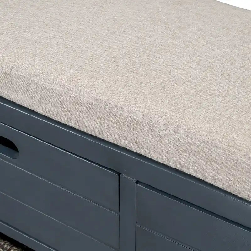 Banc de rangement rustique 1 place avec coussin, 2 tiroirs et panier amovible, coloris expresso / chêne / blanc / bleu