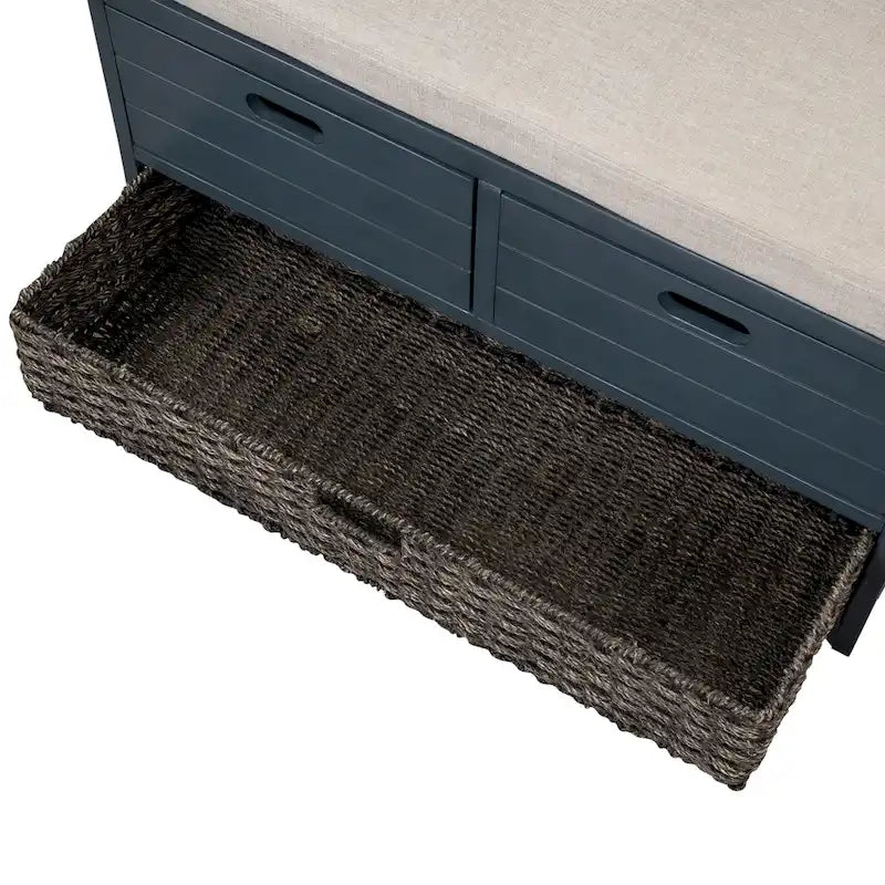 Banc de rangement rustique 1 place avec coussin, 2 tiroirs et panier amovible, coloris expresso / chêne / blanc / bleu