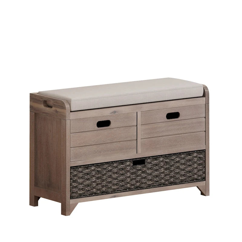 Banc de rangement rustique 1 place avec coussin, 2 tiroirs et panier amovible, coloris expresso / chêne / blanc / bleu