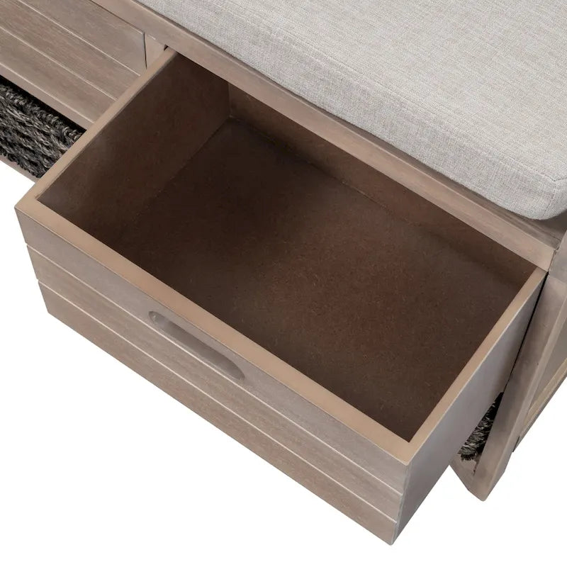 Banc de rangement rustique 1 place avec coussin, 2 tiroirs et panier amovible, coloris expresso / chêne / blanc / bleu