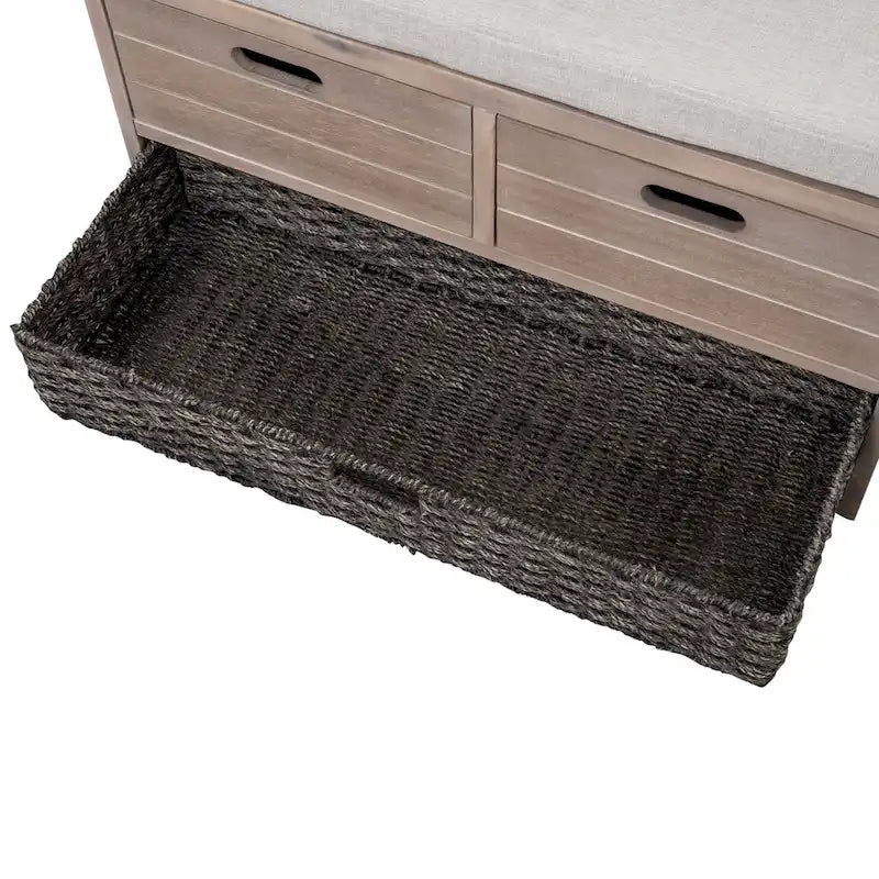 Banc de rangement rustique 1 place avec coussin, 2 tiroirs et panier amovible, coloris expresso / chêne / blanc / bleu