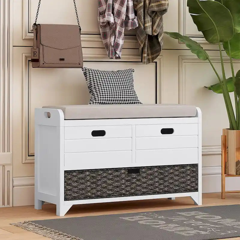 Banc de rangement rustique 1 place avec coussin, 2 tiroirs et panier amovible, coloris expresso / chêne / blanc / bleu