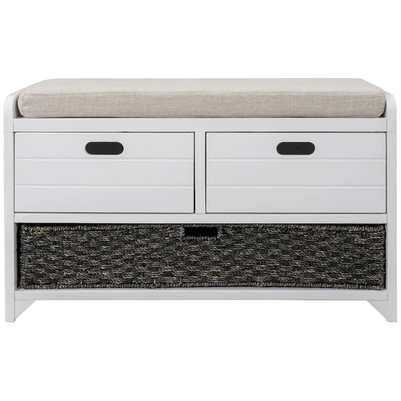 Banc de rangement rustique 1 place avec coussin, 2 tiroirs et panier amovible, coloris expresso / chêne / blanc / bleu