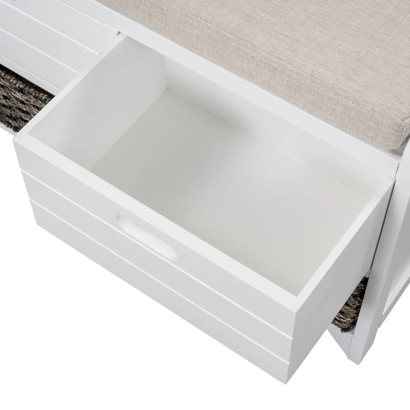 Banc de rangement rustique 1 place avec coussin, 2 tiroirs et panier amovible, coloris expresso / chêne / blanc / bleu