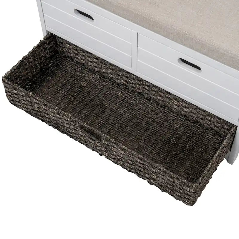 Banc de rangement rustique 1 place avec coussin, 2 tiroirs et panier amovible, coloris expresso / chêne / blanc / bleu