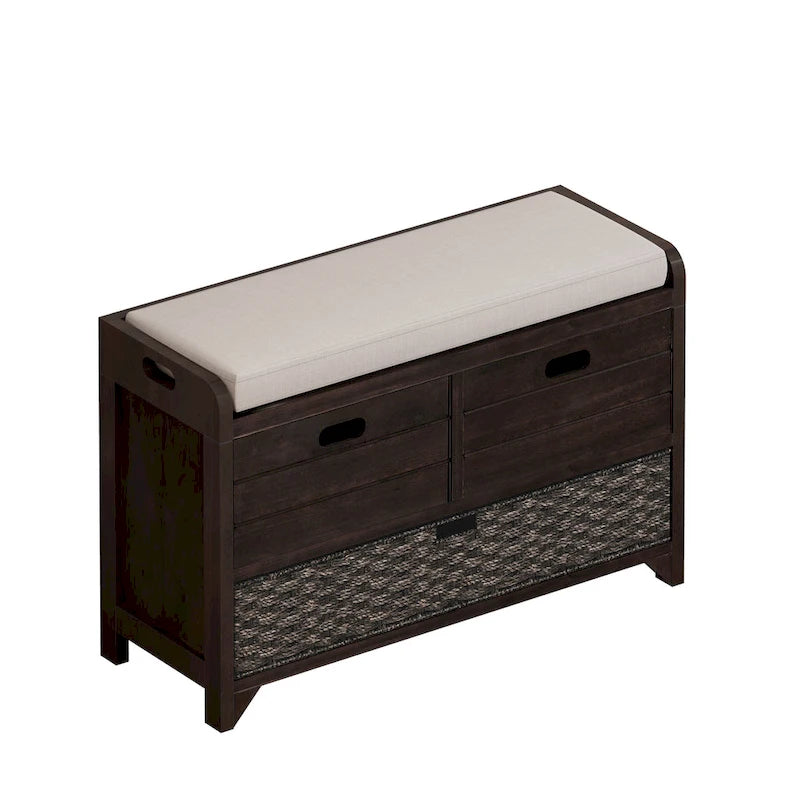 Banc de rangement rustique 1 place avec coussin, 2 tiroirs et panier amovible, coloris expresso / chêne / blanc / bleu