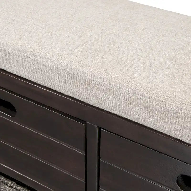 Banc de rangement rustique 1 place avec coussin, 2 tiroirs et panier amovible, coloris expresso / chêne / blanc / bleu