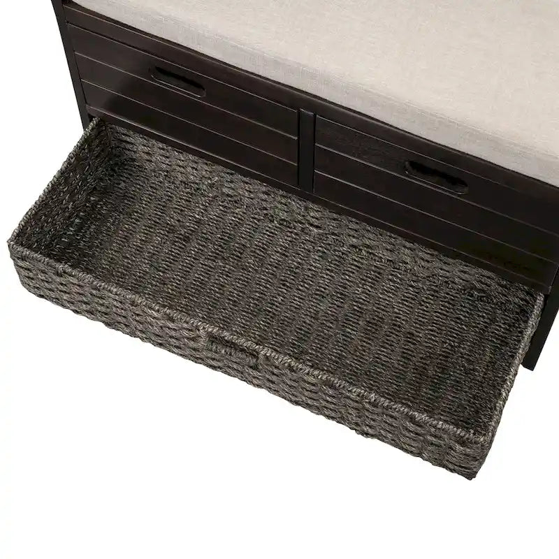 Banc de rangement rustique 1 place avec coussin, 2 tiroirs et panier amovible, coloris expresso / chêne / blanc / bleu