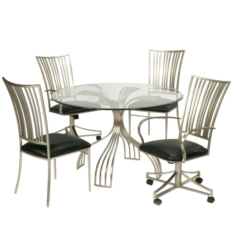 Table à manger ronde en verre, dessus argenté, base en nickel brossé, 122 cm, 4 personnes