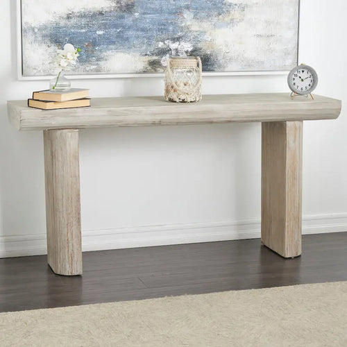 Console de table beige minimaliste en bois de sapin avec pieds blocs et étagère inférieure, 160 cm