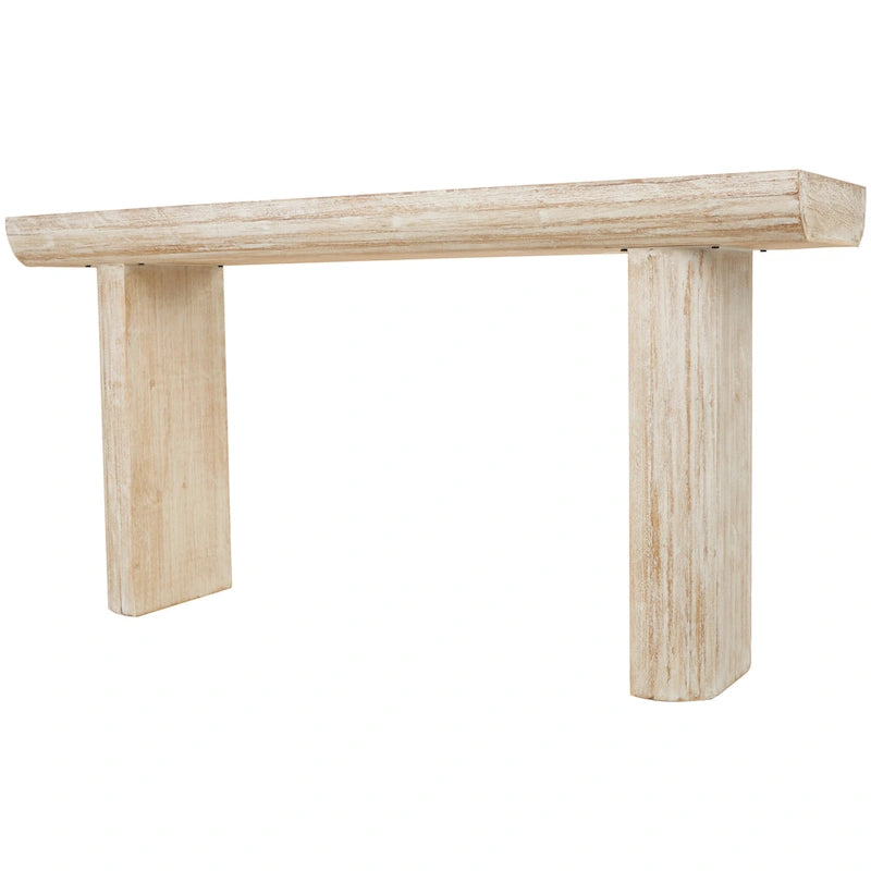 Console de table beige minimaliste en bois de sapin avec pieds blocs et étagère inférieure, 160 cm
