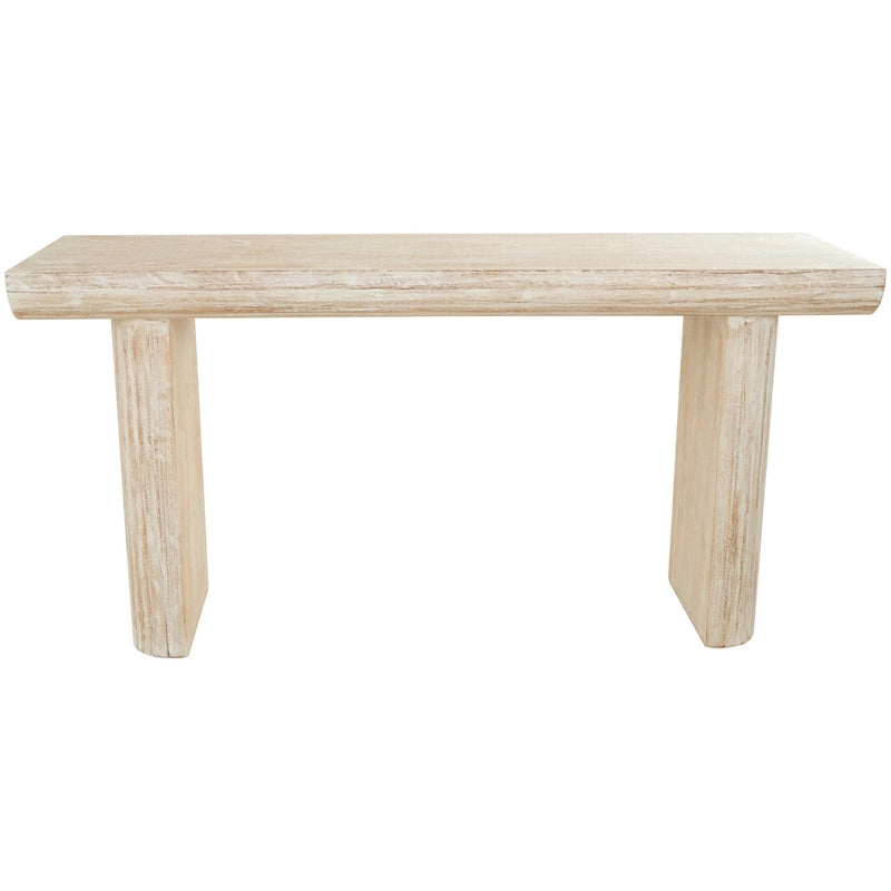 Console de table beige minimaliste en bois de sapin avec pieds blocs et étagère inférieure, 160 cm