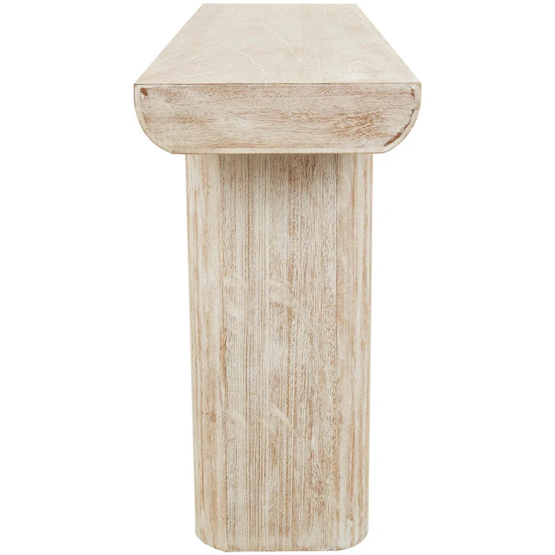 Console de table beige minimaliste en bois de sapin avec pieds blocs et étagère inférieure, 160 cm