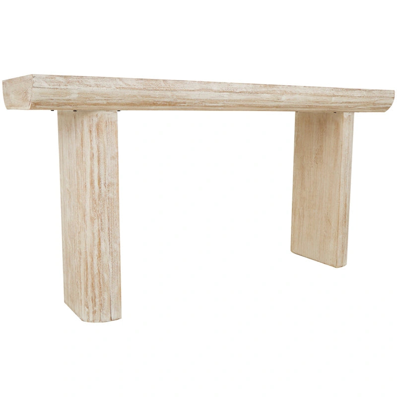Console de table beige minimaliste en bois de sapin avec pieds blocs et étagère inférieure, 160 cm