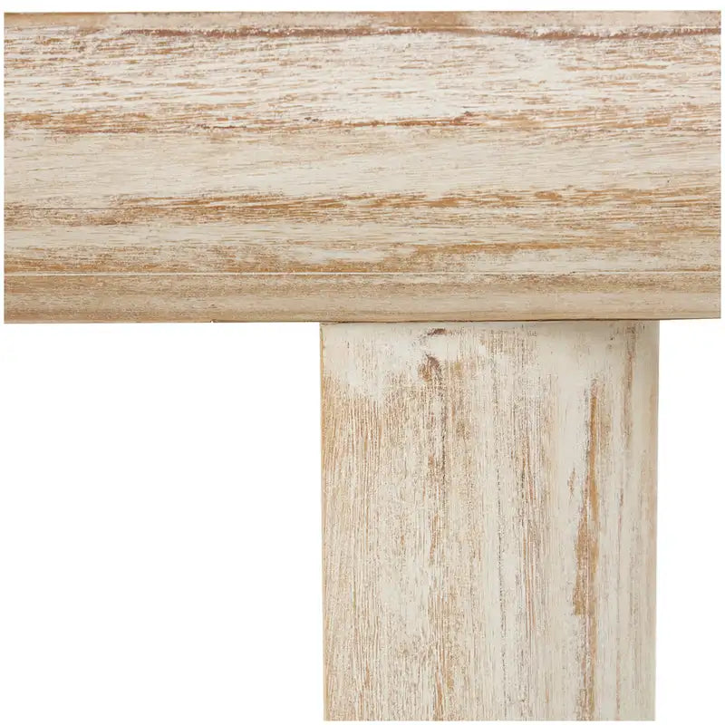 Console de table beige minimaliste en bois de sapin avec pieds blocs et étagère inférieure, 160 cm