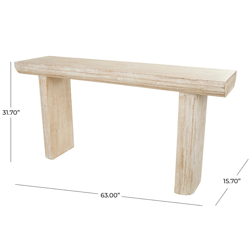 Console de table beige minimaliste en bois de sapin avec pieds blocs et étagère inférieure, 160 cm
