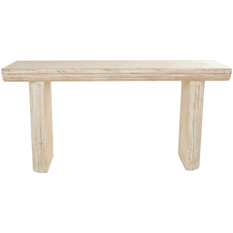 Console de table beige minimaliste en bois de sapin avec pieds blocs et étagère inférieure, 160 cm