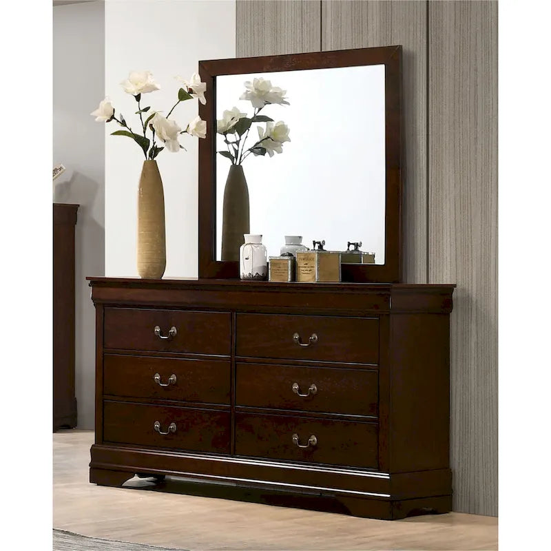 Commode transitionnelle à 6 tiroirs, en bois noir/cerise/gris, avec pieds en console et tiroirs à queue d'aronde, 58 po