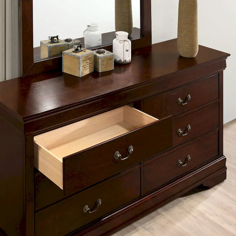 Commode transitionnelle à 6 tiroirs, en bois noir/cerise/gris, avec pieds en console et tiroirs à queue d'aronde, 58 po
