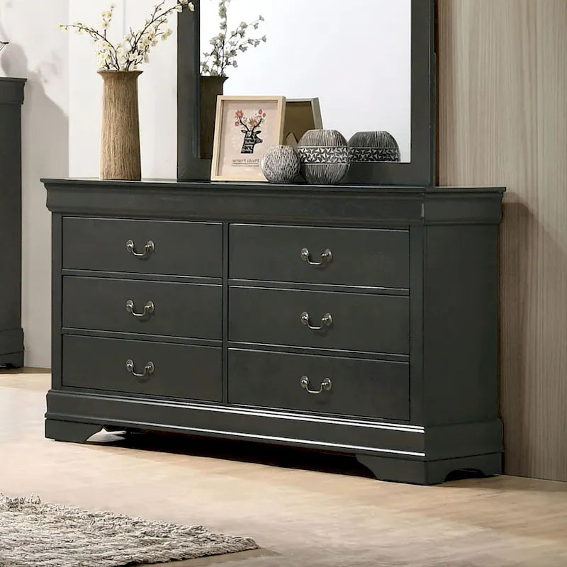 Commode transitionnelle à 6 tiroirs, en bois noir/cerise/gris, avec pieds en console et tiroirs à queue d'aronde, 58 po