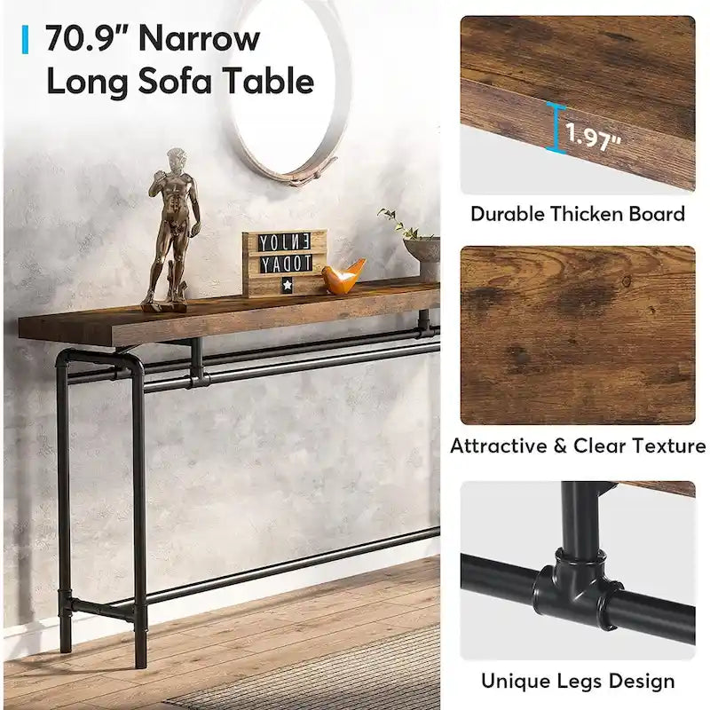 Console industrielle marron rustique et noire avec plateau en bois et pieds en tube métallique, 70,9 pouces, 1 personne