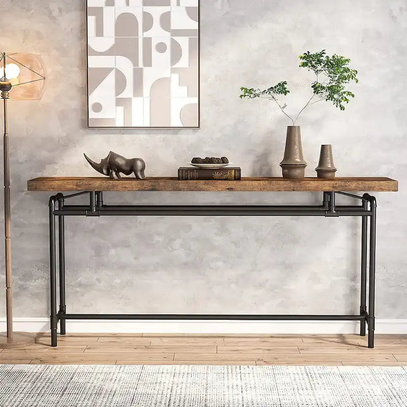 Console industrielle marron rustique et noire avec plateau en bois et pieds en tube métallique, 70,9 pouces, 1 personne