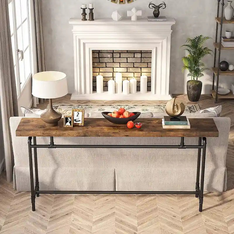 Console industrielle marron rustique et noire avec plateau en bois et pieds en tube métallique, 70,9 pouces, 1 personne