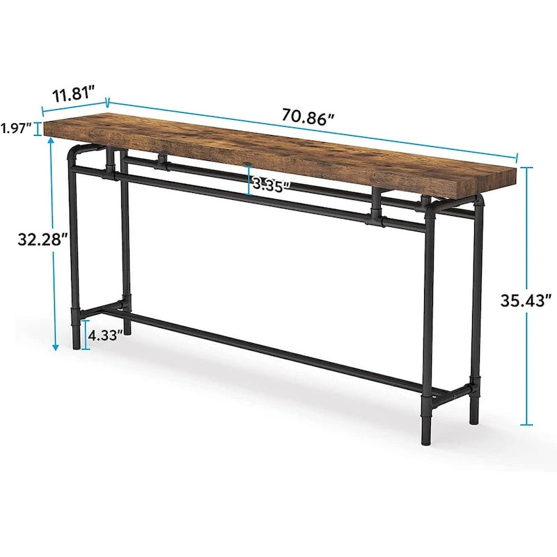 Console industrielle marron rustique et noire avec plateau en bois et pieds en tube métallique, 70,9 pouces, 1 personne