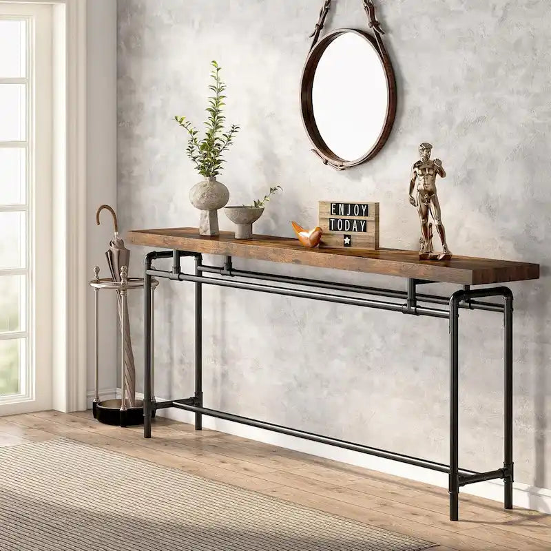 Console industrielle marron rustique et noire avec plateau en bois et pieds en tube métallique, 70,9 pouces, 1 personne