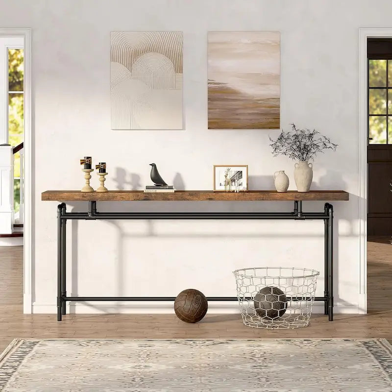 Console industrielle marron rustique et noire avec plateau en bois et pieds en tube métallique, 70,9 pouces, 1 personne