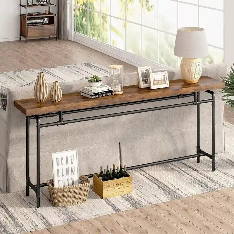 Console industrielle marron rustique et noire avec plateau en bois et pieds en tube métallique, 70,9 pouces, 1 personne