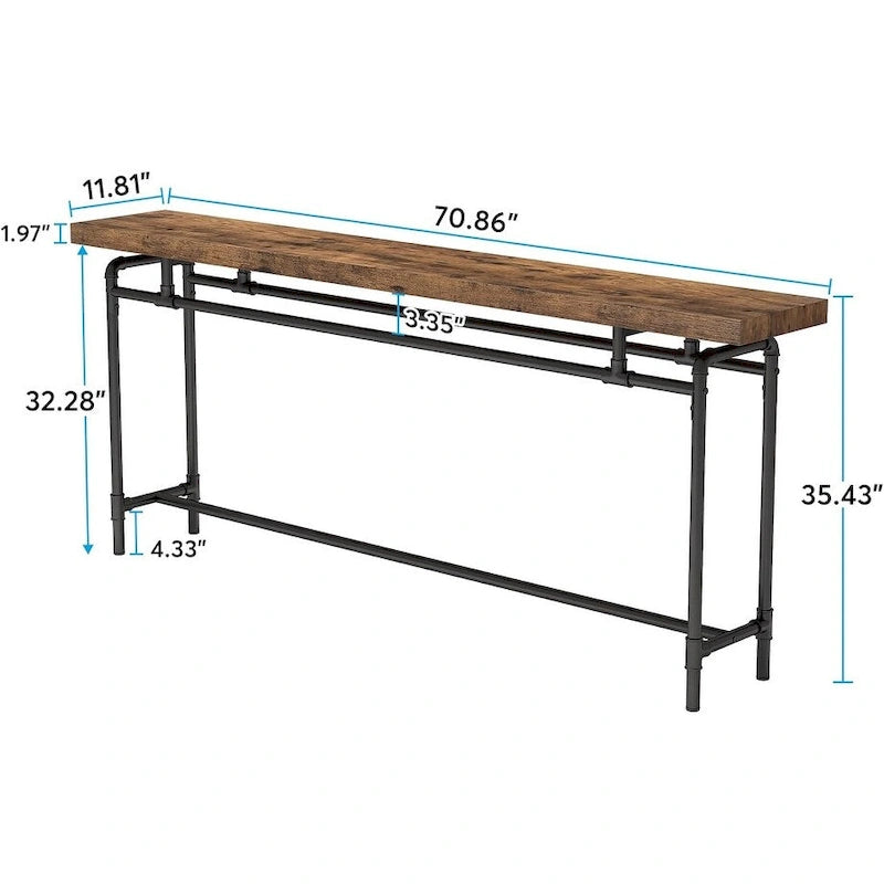 Console industrielle marron rustique et noire avec plateau en bois et pieds en tube métallique, 70,9 pouces, 1 personne
