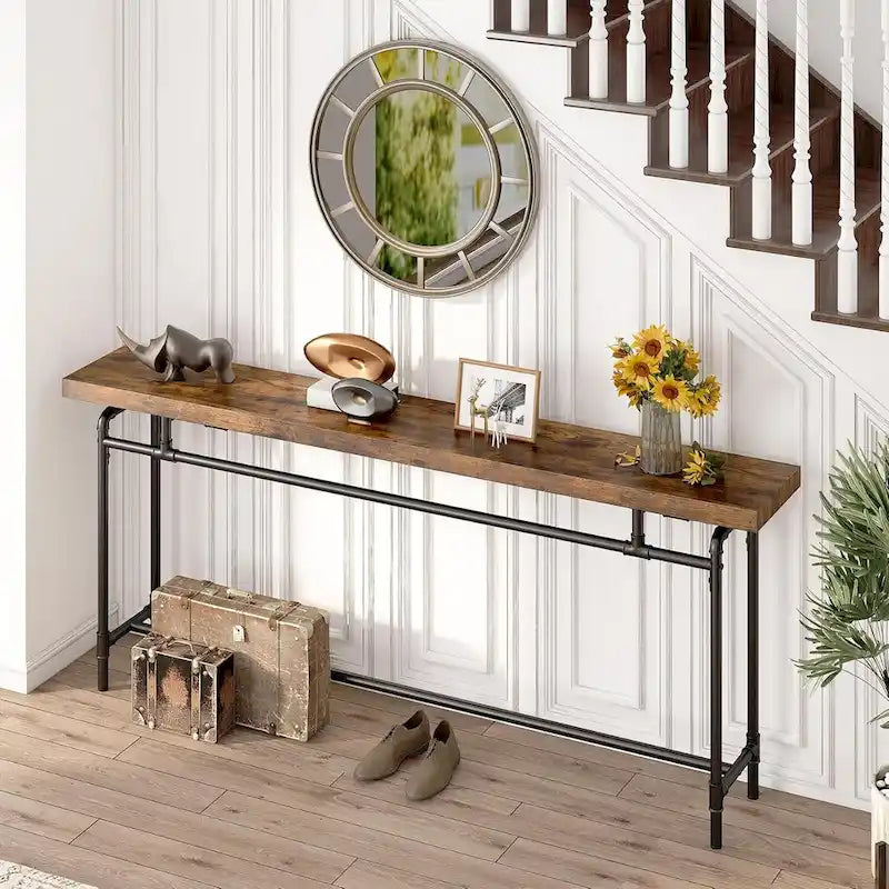 Console industrielle marron rustique et noire avec plateau en bois et pieds en tube métallique, 70,9 pouces, 1 personne