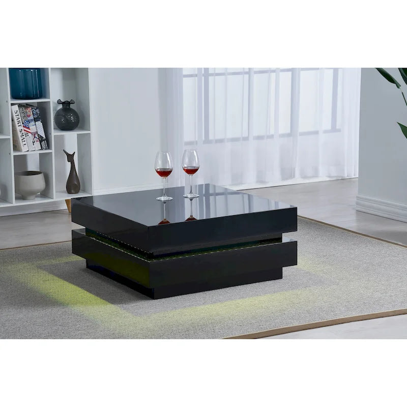 Table basse carrée noire brillante avec lumières d'ambiance LED et télécommande, 2 personnes