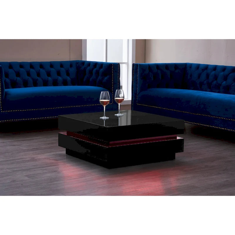 Table basse carrée noire brillante avec lumières d'ambiance LED et télécommande, 2 personnes