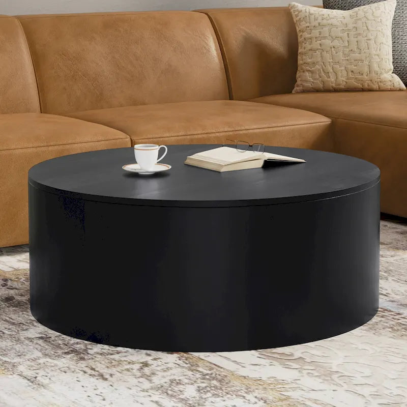 Table basse ronde tambour en manguier massif, 36 pouces – Finition blanchie / Noyer / Noir / Naturel